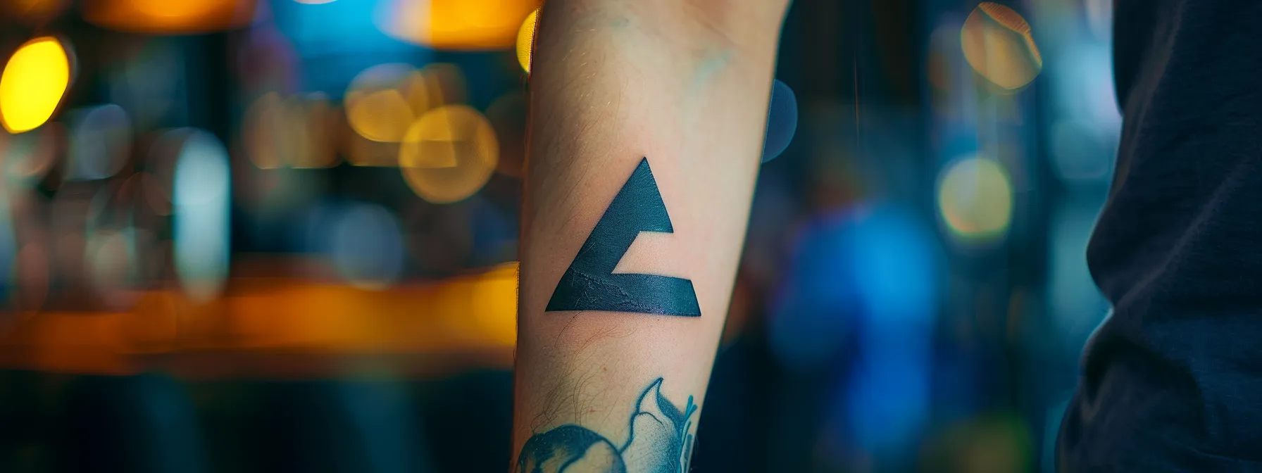 a bold black triangle tattoo, symbolizing strength and resilience, prominently displayed on a forearm.