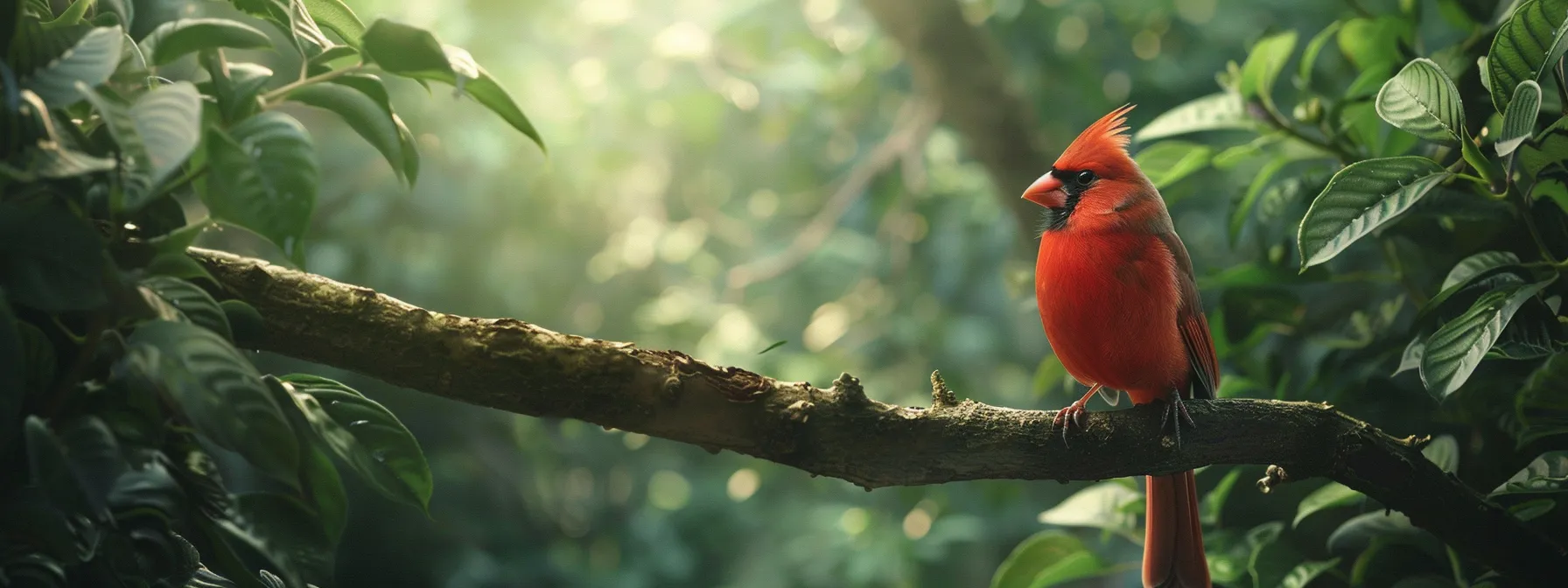 a cardinal bird perched on a tree branch, its vibrant red feathers contrasting against the lush green leaves, symbolizing hope and spiritual significance across cultures.