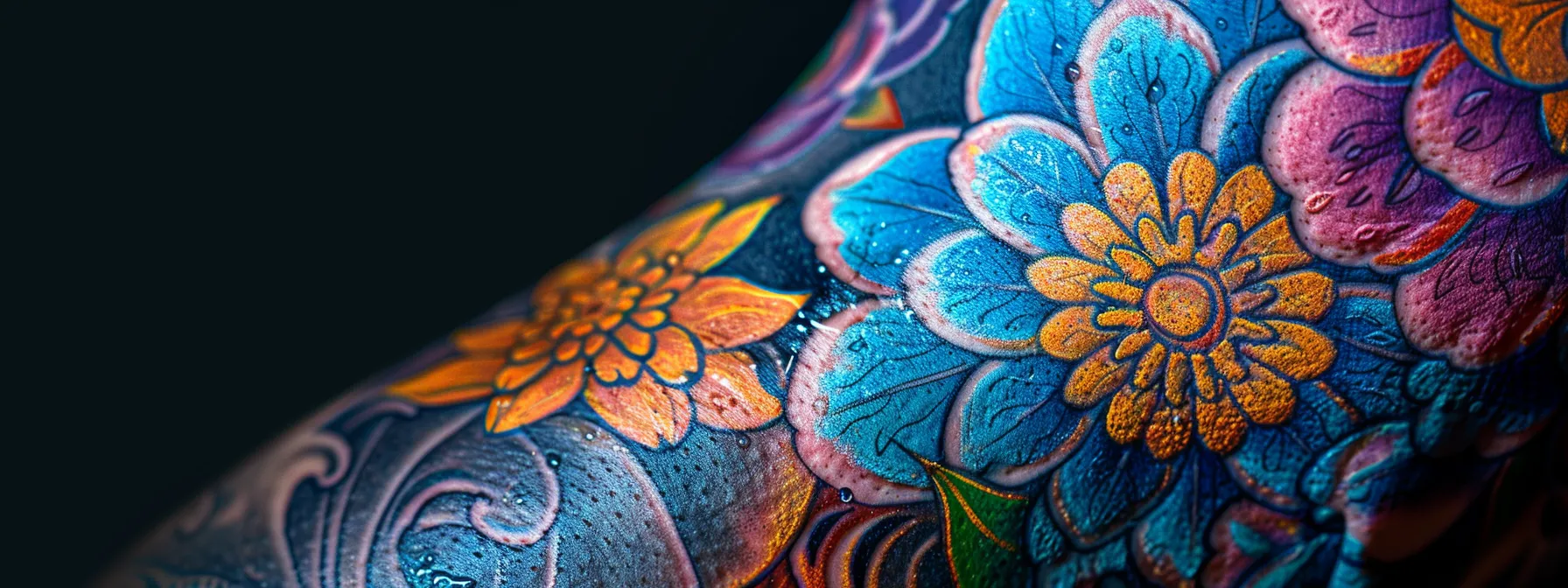 a close-up photo of a healed tattoo with vibrant colors and smooth, undamaged skin, ready for a dip in the water. a close-up photo of a healed tattoo with vibrant colors and smooth, undamaged skin, ready for a dip in the water.