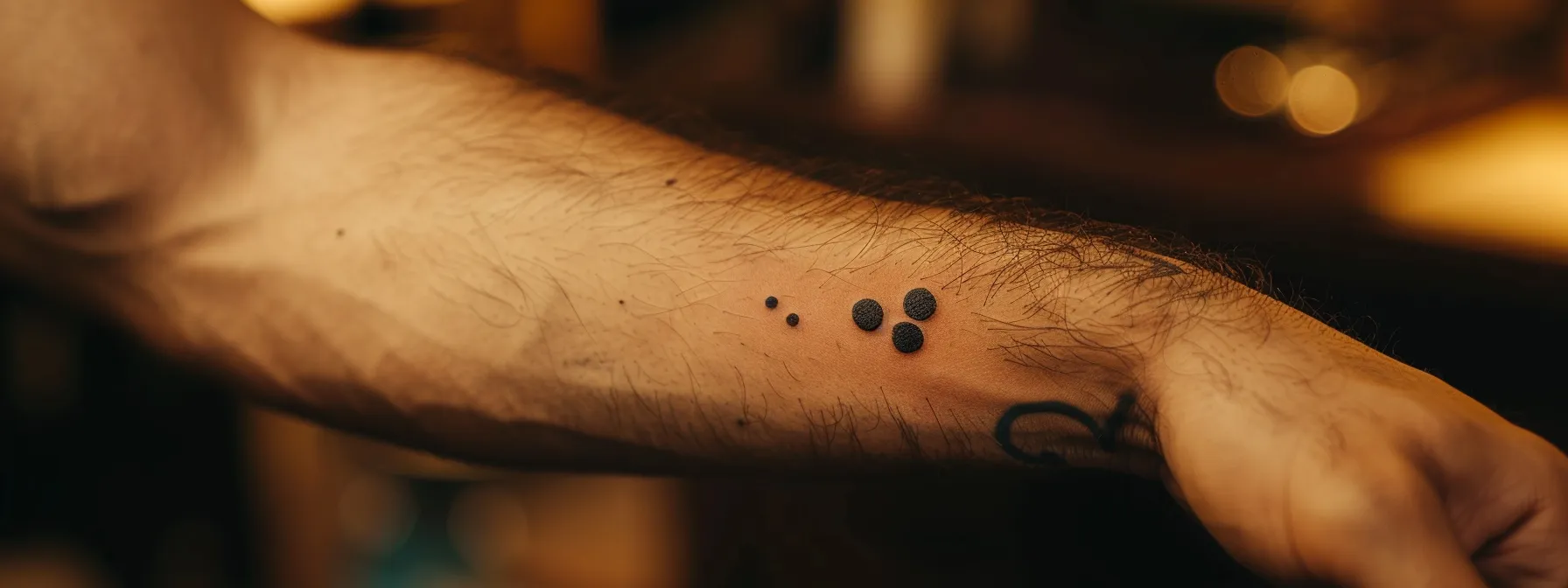 a close-up shot of a black ink three dots tattoo on a person's wrist, highlighting its simple yet meaningful design.