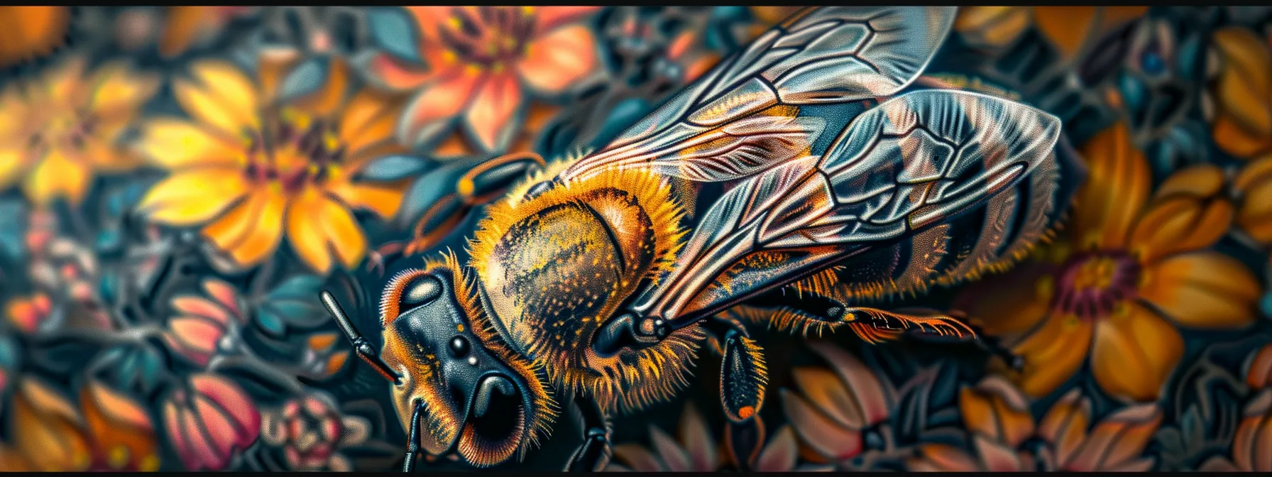 a close-up photo of a vibrant bee tattoo with intricate honeycomb and pollen details, symbolizing spiritual connections and personal growth.