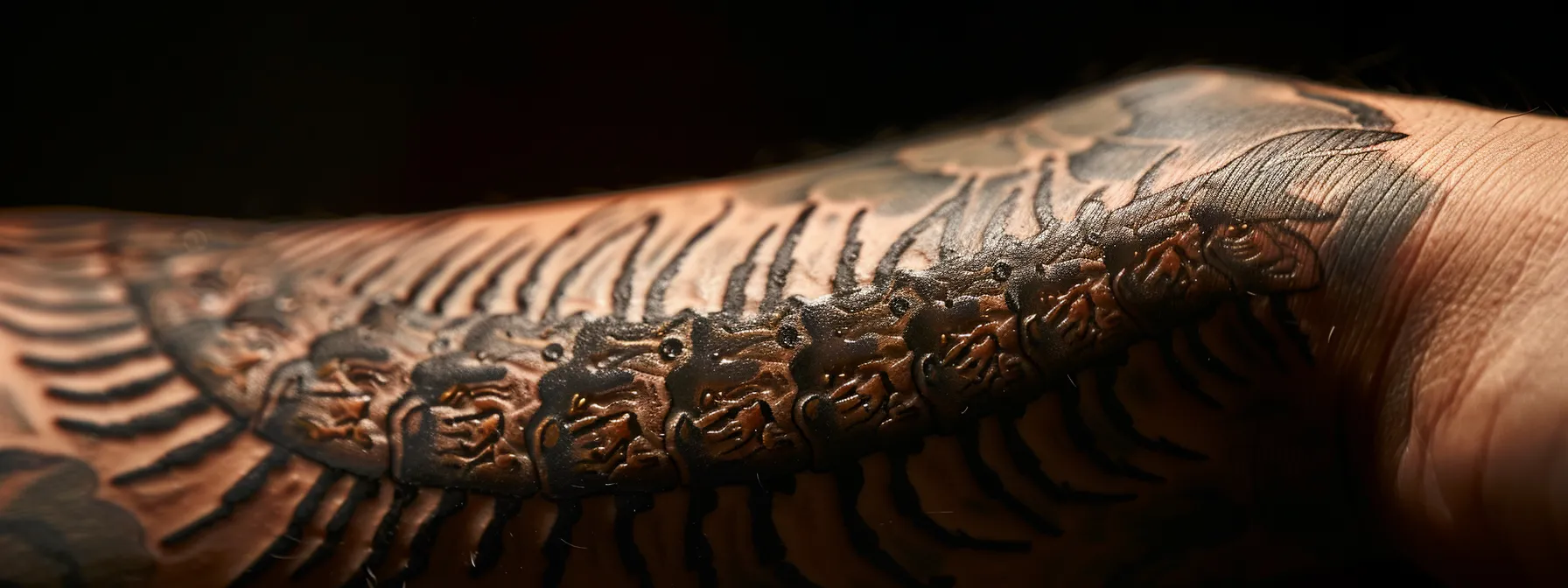 a close-up of a detailed centipede tattoo on a person's arm, showcasing the intricate symbolism and historical significance of the design.