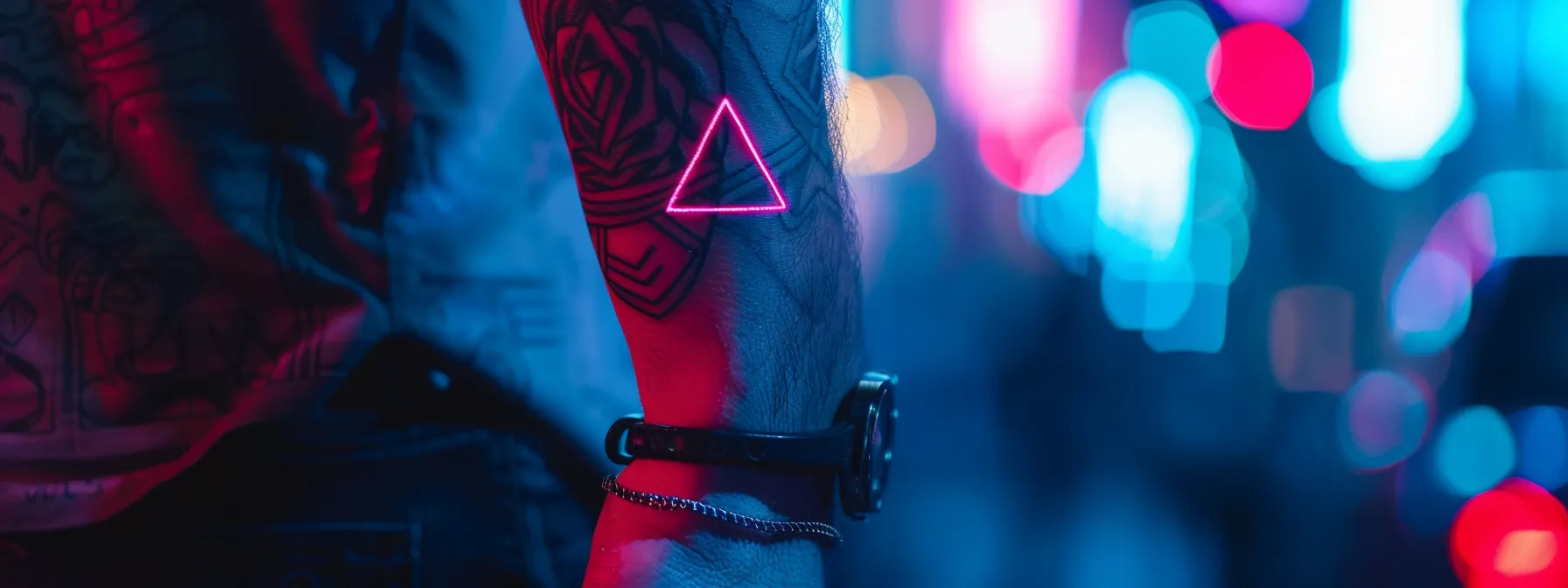 a close-up photo of a vibrant triangle tattoo, showcasing intricate details and symbolic elements representing balance, transitions, and personal stories.