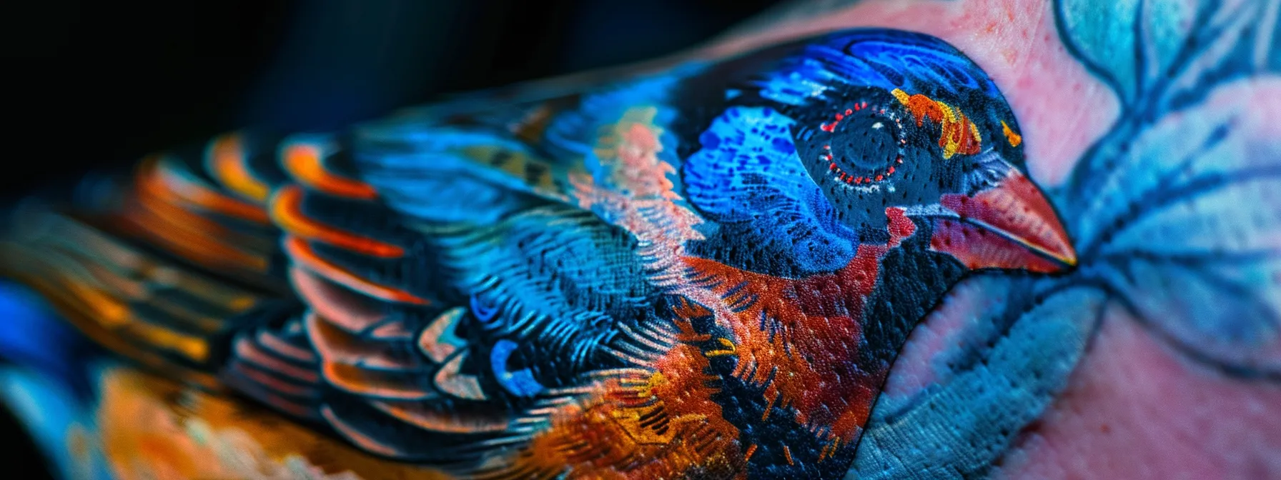 a close-up shot of a vibrant sparrow tattoo on someone's skin, glistening under soft lighting, showcasing the detailed lines and colors of the design. a close-up shot of a vibrant sparrow tattoo on someone's skin, glistening under soft lighting, showcasing the detailed lines and colors of the design.
