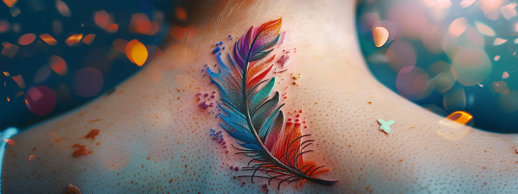 a colorful feather tattoo with intricate details and a bird motif, placed elegantly on the back, surrounded by sky-themed elements. a colorful feather tattoo with intricate details and a bird motif, placed elegantly on the back, surrounded by sky-themed elements.