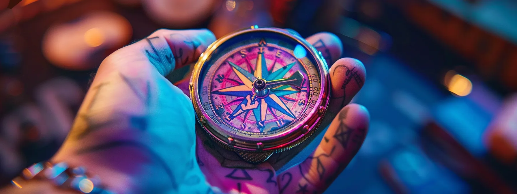 a colorful, intricate compass tattoo with modern design elements and personalized details. a colorful, intricate compass tattoo with modern design elements and personalized details.