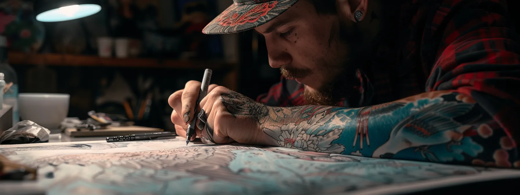 a colorful, intricate sparrow tattoo design being carefully selected and sketched on a canvas by a tattoo artist. a colorful, intricate sparrow tattoo design being carefully selected and sketched on a canvas by a tattoo artist.
