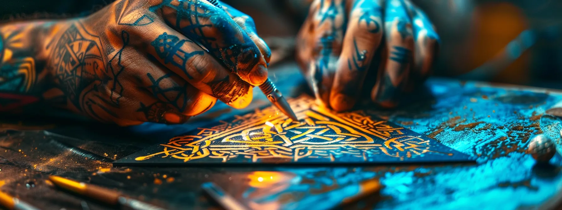 a colorful tattoo artist carefully crafting a vibrant triangle design on a client's forearm, blending intricate celtic knots with elements of nature and zodiac signs.