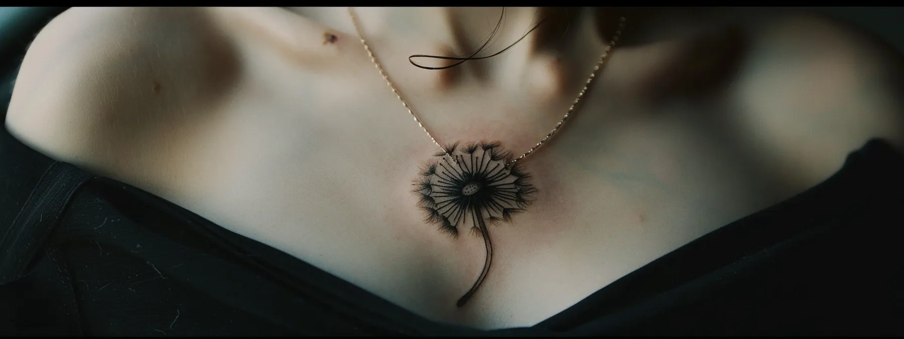 a dandelion tattoo delicately positioned on the curve of a collarbone, adding a touch of elegance and symbolism.