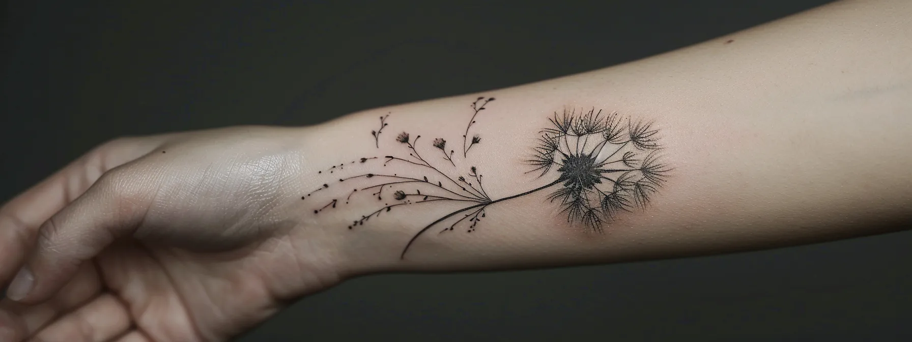 a delicate dandelion tattoo inked in black and gray on a pale forearm.