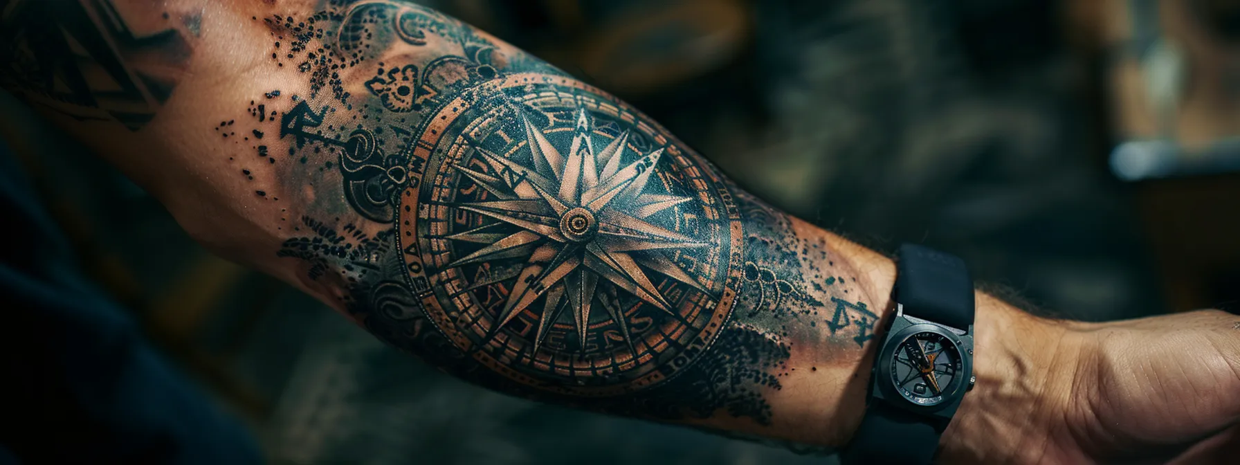 a detailed compass tattoo on someone's arm, blending eastern rigging elements with western directional symbols, surrounded by hints of indigenous nature imagery. a detailed compass tattoo on someone's arm, blending eastern rigging elements with western directional symbols, surrounded by hints of indigenous nature imagery.