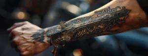 a detailed, intricate sword tattoo symbolically displayed on a person's forearm.