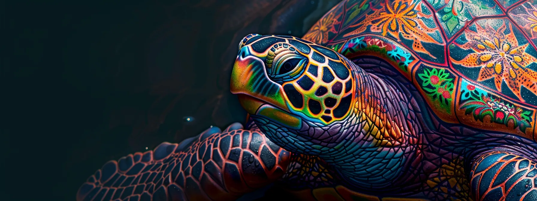 a detailed turtle-shaped tattoo with intricate designs and vibrant colors, symbolizing wisdom and longevity.