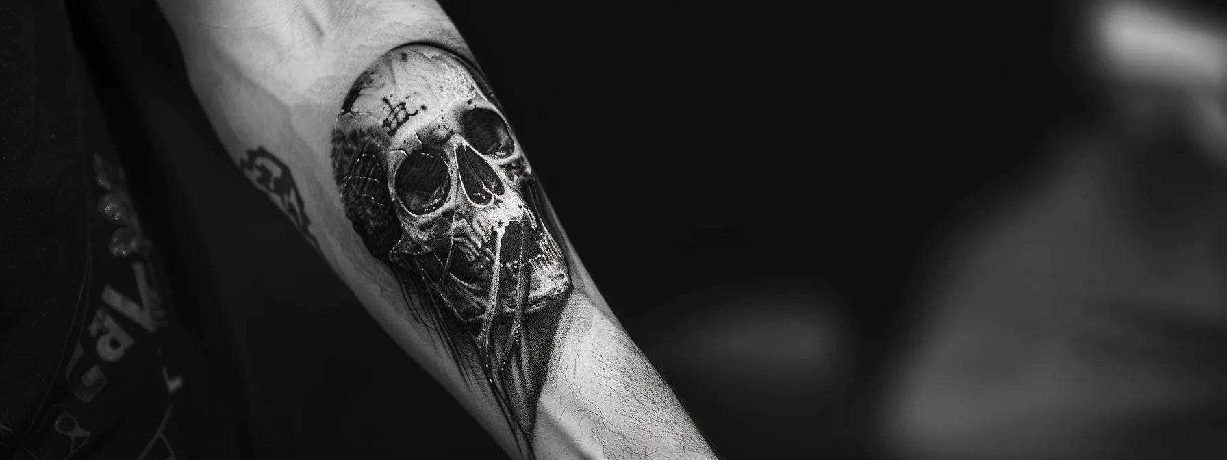 a dramatic black and white grim reaper tattoo placed on a forearm, illustrating strength and symbolism. a dramatic black and white grim reaper tattoo placed on a forearm, illustrating strength and symbolism.