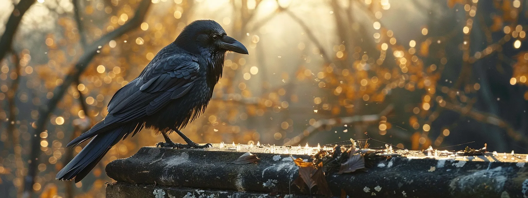 a majestic raven perched on a weathered stone monument, its glossy black feathers shining under the golden sunlight.