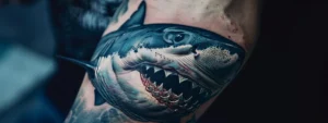 a menacing shark tattoo, symbolizing strength and power, etched boldly on someone's forearm.