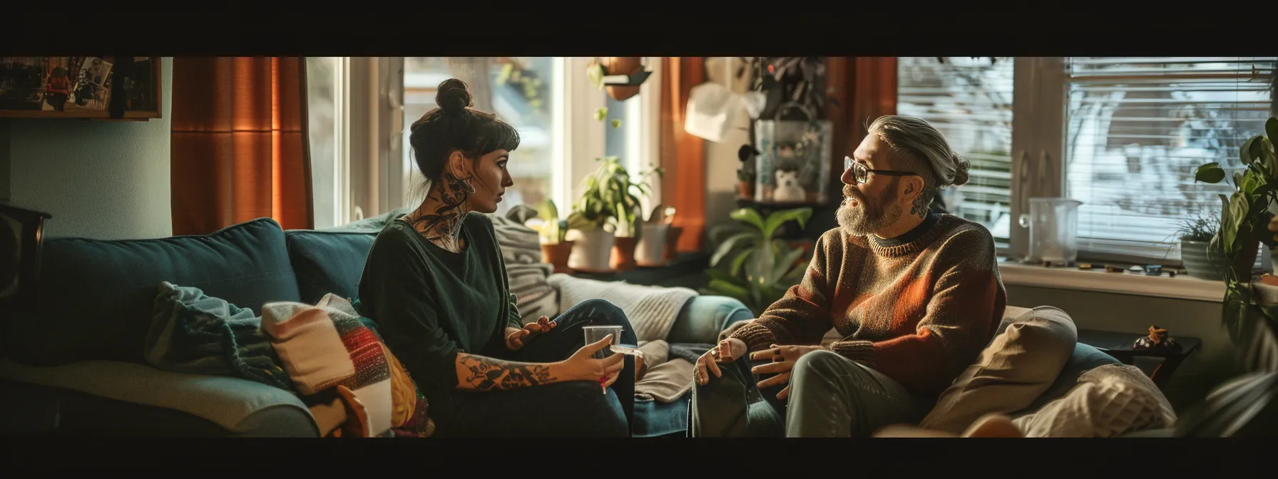 a parent and a teenager having a thoughtful conversation about tattoos in a cozy living room setting. a parent and a teenager having a thoughtful conversation about tattoos in a cozy living room setting.