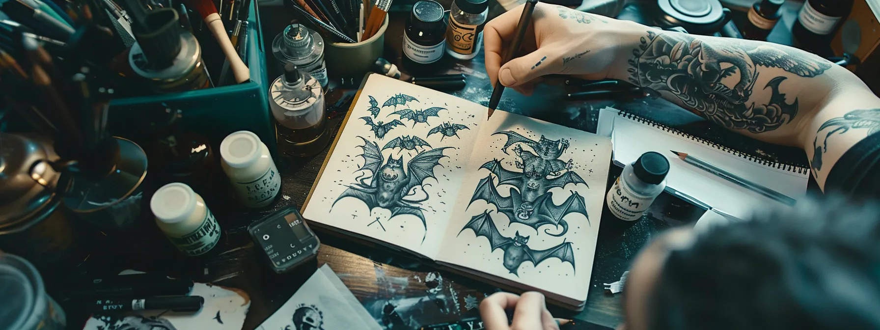 a person carefully examining various bat tattoo designs on a detailed sketchbook, surrounded by ink bottles, tattoo equipment, and artistic references. a person carefully examining various bat tattoo designs on a detailed sketchbook, surrounded by ink bottles, tattoo equipment, and artistic references.