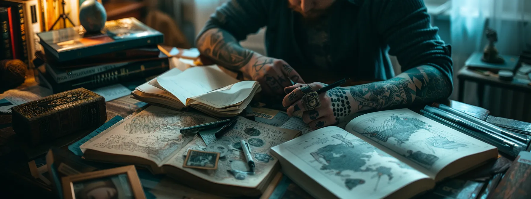 a person carefully researching and reading about the cultural implications of a three dots tattoo, with books and symbols of different cultures surrounding them.