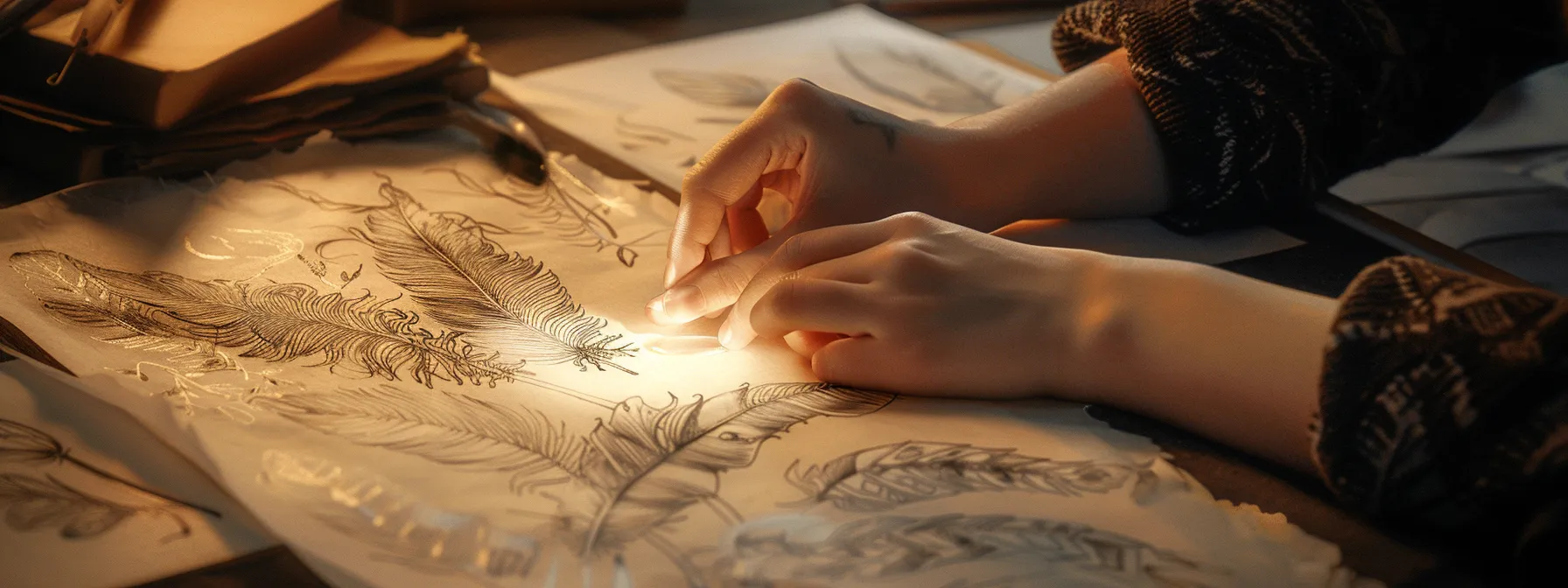 a person carefully selecting a delicate feather design from a variety of intricate tattoo sketches, contemplating the meaningful symbolism behind each choice. a person carefully selecting a delicate feather design from a variety of intricate tattoo sketches, contemplating the meaningful symbolism behind each choice.