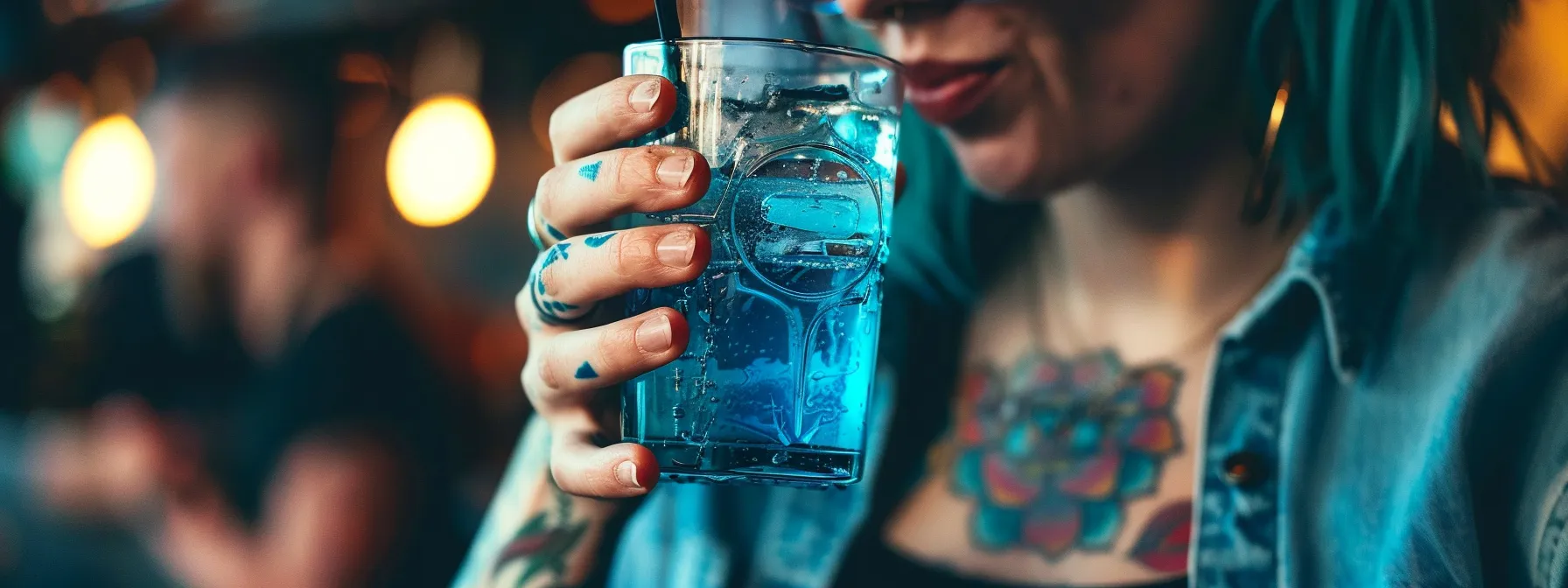 a person enjoying a refreshing glass of water after getting a vibrant tattoo.