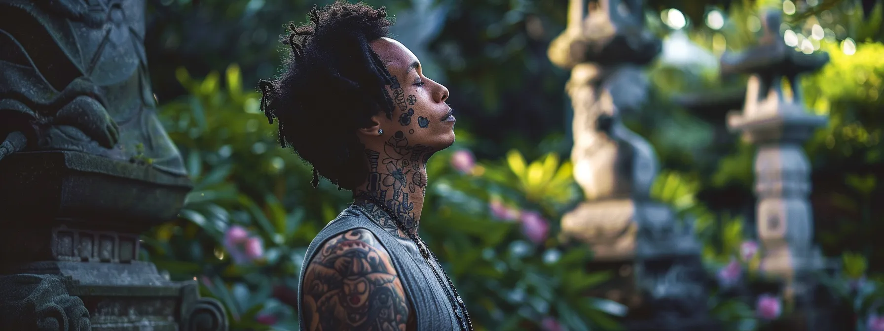 a person stands in a peaceful garden, eyes closed in reflection, surrounded by religious symbols and tattoo designs, contemplating personal faith and individual decision-making.