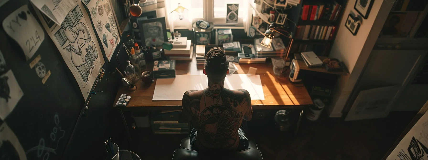 a person staring at a mirror, contemplating a 5150 tattoo design, surrounded by tattoo sketches and books on mental health.