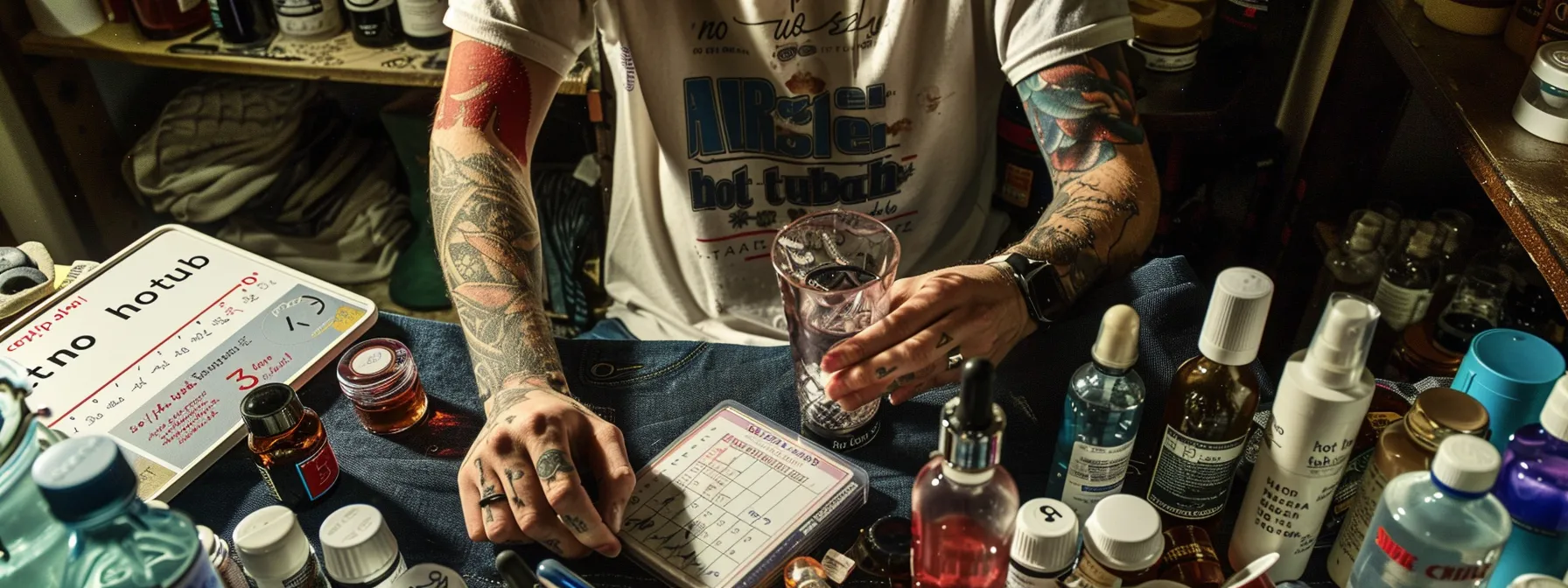 a person with a fresh tattoo, holding a glass of alcohol, while surrounded by bottles of lotion, medication, and a calendar marked with a person with a fresh tattoo, holding a glass of alcohol, while surrounded by bottles of lotion, medication, and a calendar marked with