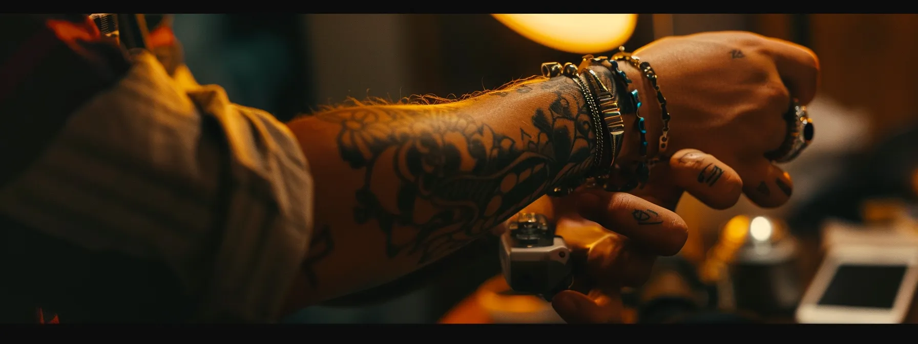 a person with a serene expression getting a small, intricate tattoo on their wrist.