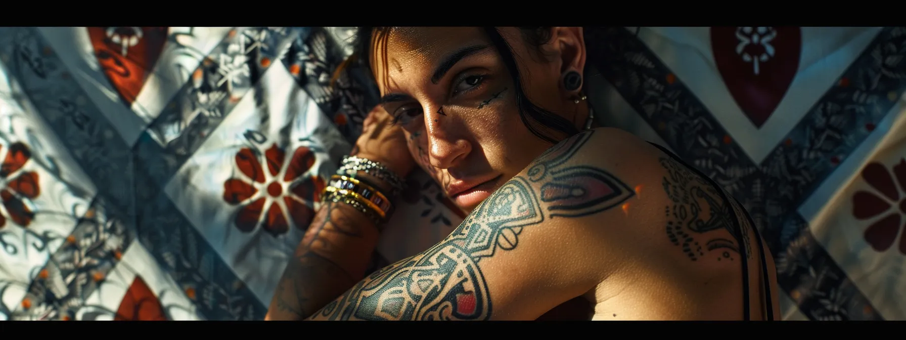 a person with a spade tattoo featured prominently, surrounded by contrasting western and eastern cultural symbols to represent the diverse interpretations of spade tattoos.