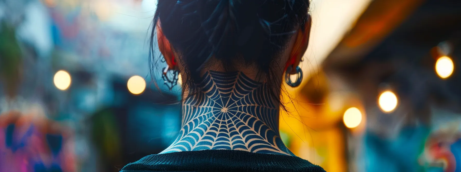 a person with a spiderweb tattoo on their neck, challenging stereotypes and cultural perceptions.