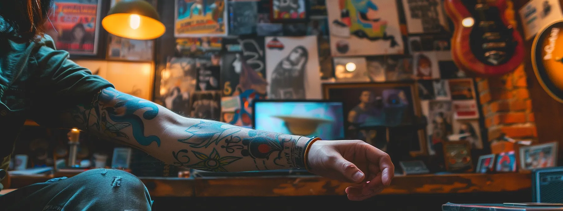 a person with a striking 5150 tattoo on their forearm, surrounded by mental health awareness posters and rock music memorabilia.