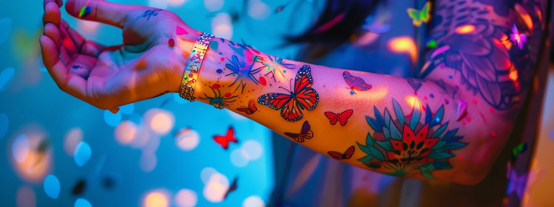 a person with a vibrant 777 tattoo on their wrist, surrounded by images of butterflies and lucky symbols, reflecting the tattoo's connection to luck and positivity.