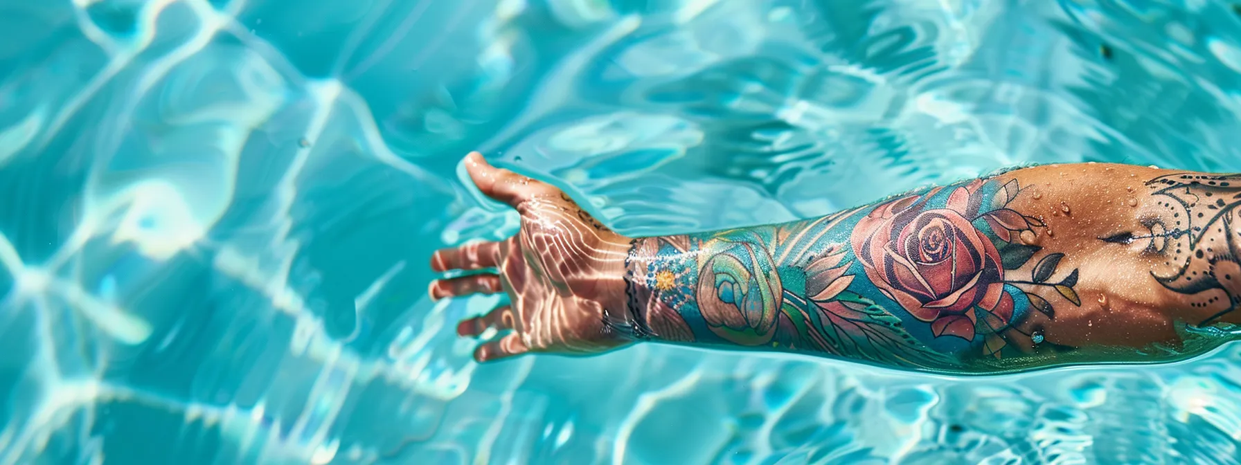 a person with a vibrant, freshly tattooed arm covered in a transparent waterproof sleeve, confidently swimming in a crystal clear pool. a person with a vibrant, freshly tattooed arm covered in a transparent waterproof sleeve, confidently swimming in a crystal clear pool.
