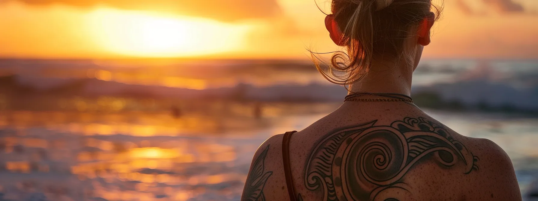 a serene beach sunset with a large, intricate wave tattoo on someone's back symbolizing healing and personal growth. a serene beach sunset with a large, intricate wave tattoo on someone's back symbolizing healing and personal growth.