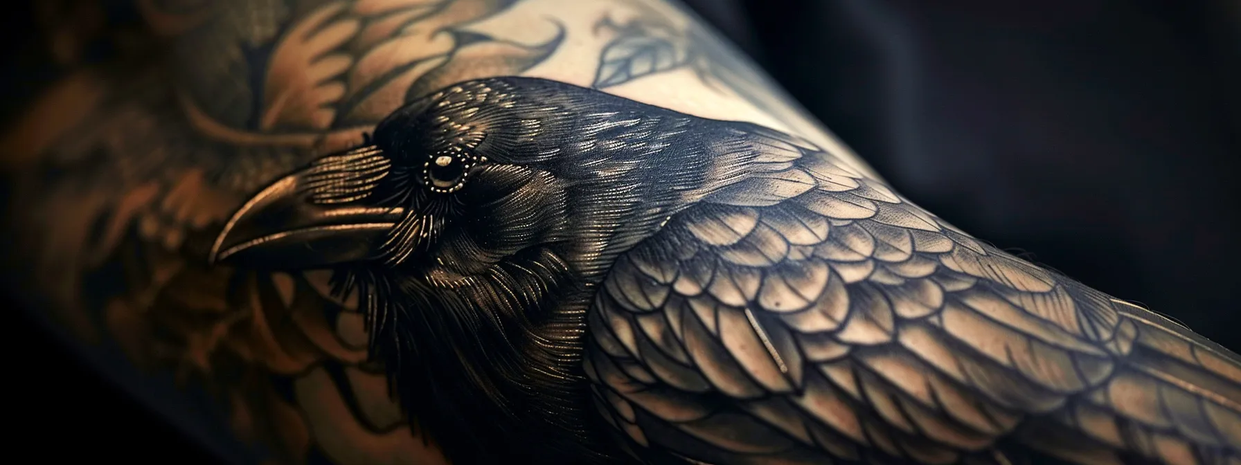 a sleek and mystical crow tattoo design, symbolizing intelligence and transformation, adorned on a person's arm. a sleek and mystical crow tattoo design, symbolizing intelligence and transformation, adorned on a person's arm.