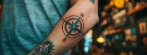 a sleek, black compass tattoo resting boldly on a forearm symbolizing guidance and direction.