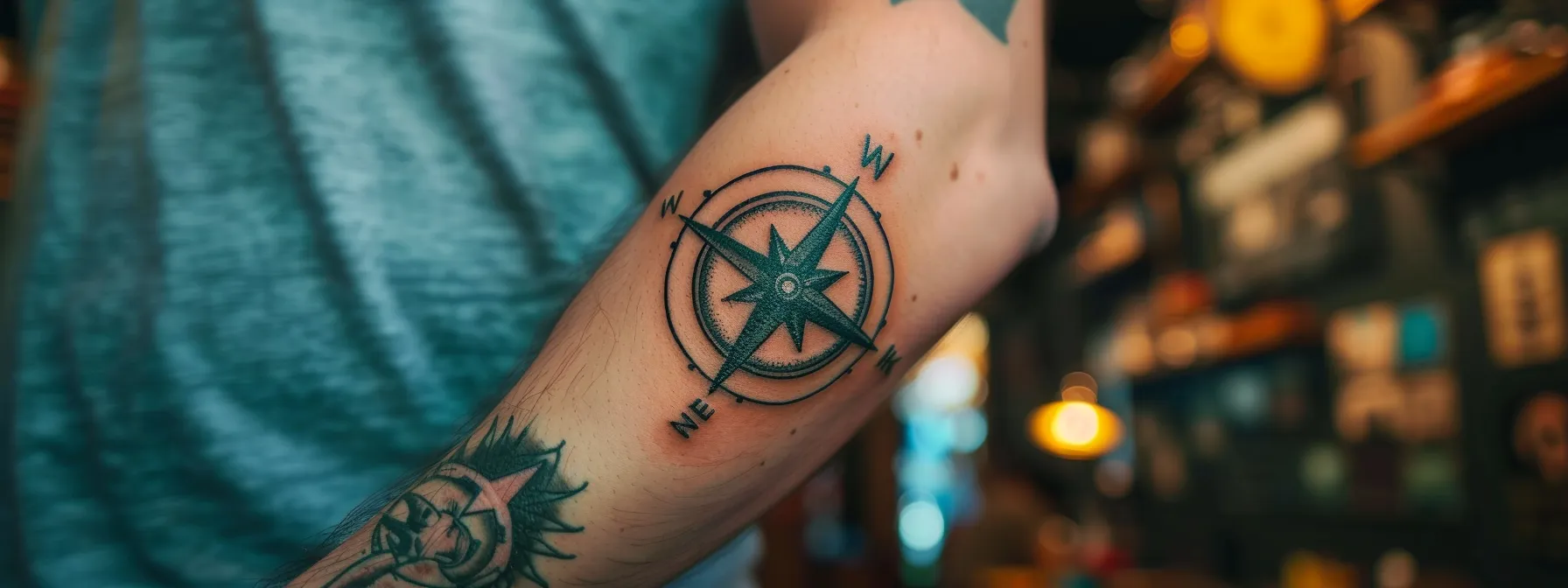 a sleek, black compass tattoo resting boldly on a forearm symbolizing guidance and direction.