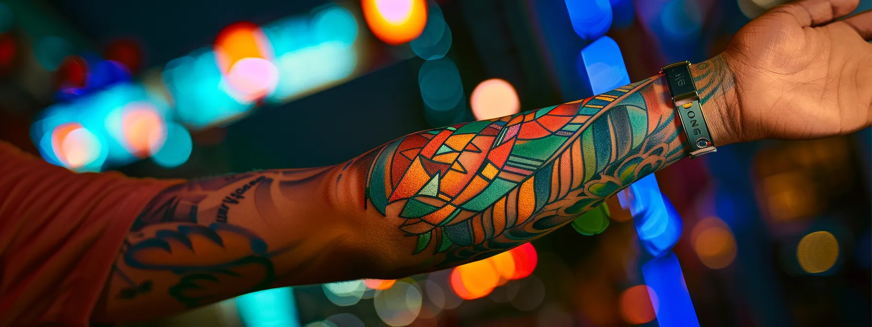 a striking 777 tattoo design featuring bold colors and intricate geometric patterns, displayed on a forearm with captivating details.