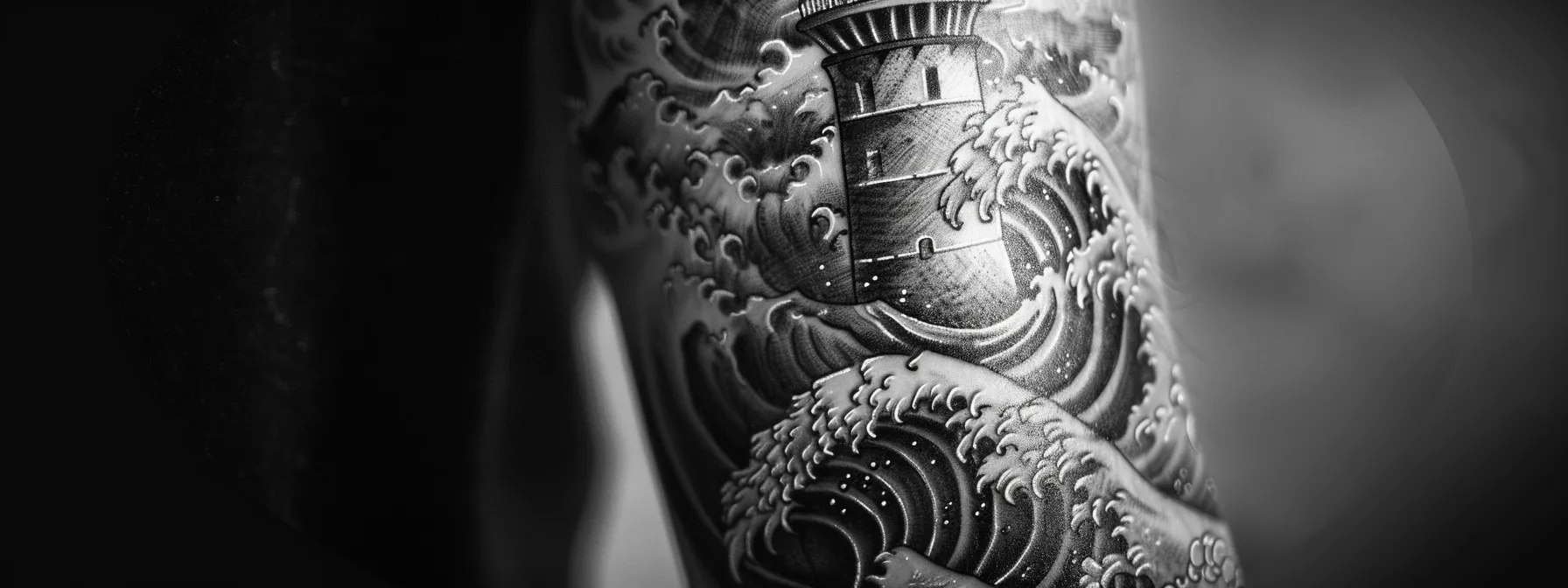 a striking, black and gray tattoo of a majestic lighthouse standing tall against turbulent waves, symbolizing guidance and knowledge in maritime history and tattoo culture. a striking, black and gray tattoo of a majestic lighthouse standing tall against turbulent waves, symbolizing guidance and knowledge in maritime history and tattoo culture.