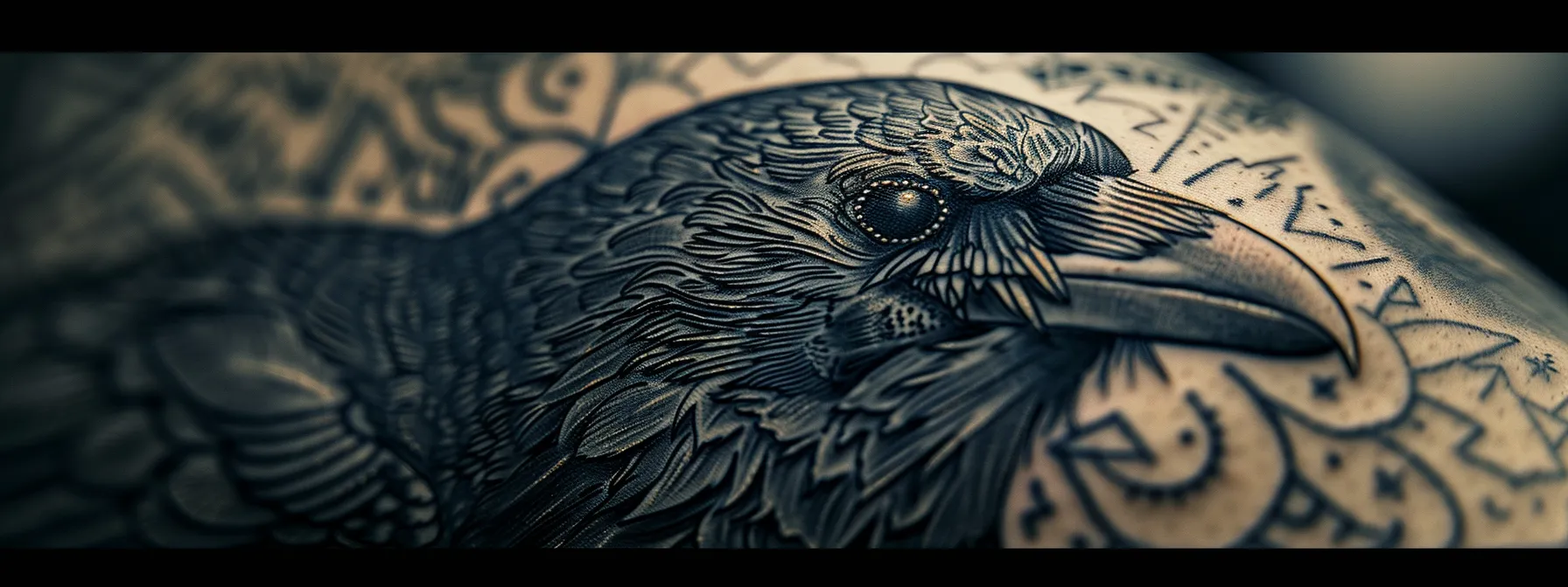 a striking black crow tattoo with intricate geometric patterns symbolizing modern symbolism. a striking black crow tattoo with intricate geometric patterns symbolizing modern symbolism.