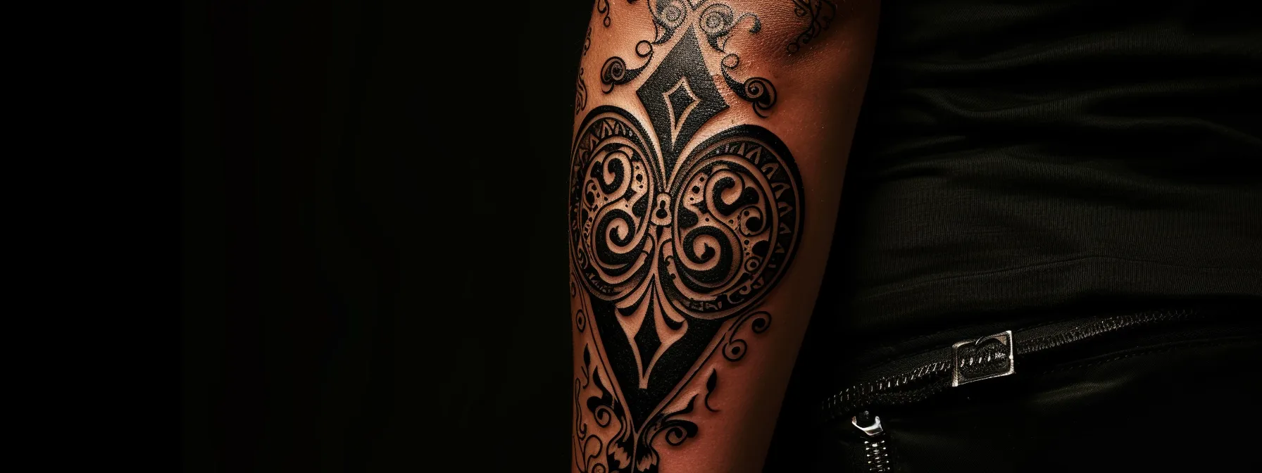 a striking black spade tattoo with intricate designs and symbolic elements, representing the versatility and cultural significance in modern body art.