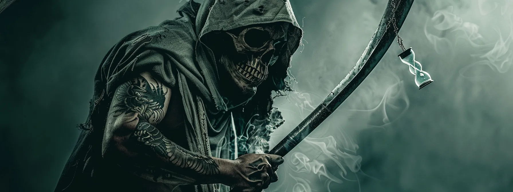 a striking grim reaper tattoo design featuring a sinister scythe, mysterious cloak, and ominous hourglass, capturing the essence of mortality and the passage of time. a striking grim reaper tattoo design featuring a sinister scythe, mysterious cloak, and ominous hourglass, capturing the essence of mortality and the passage of time.