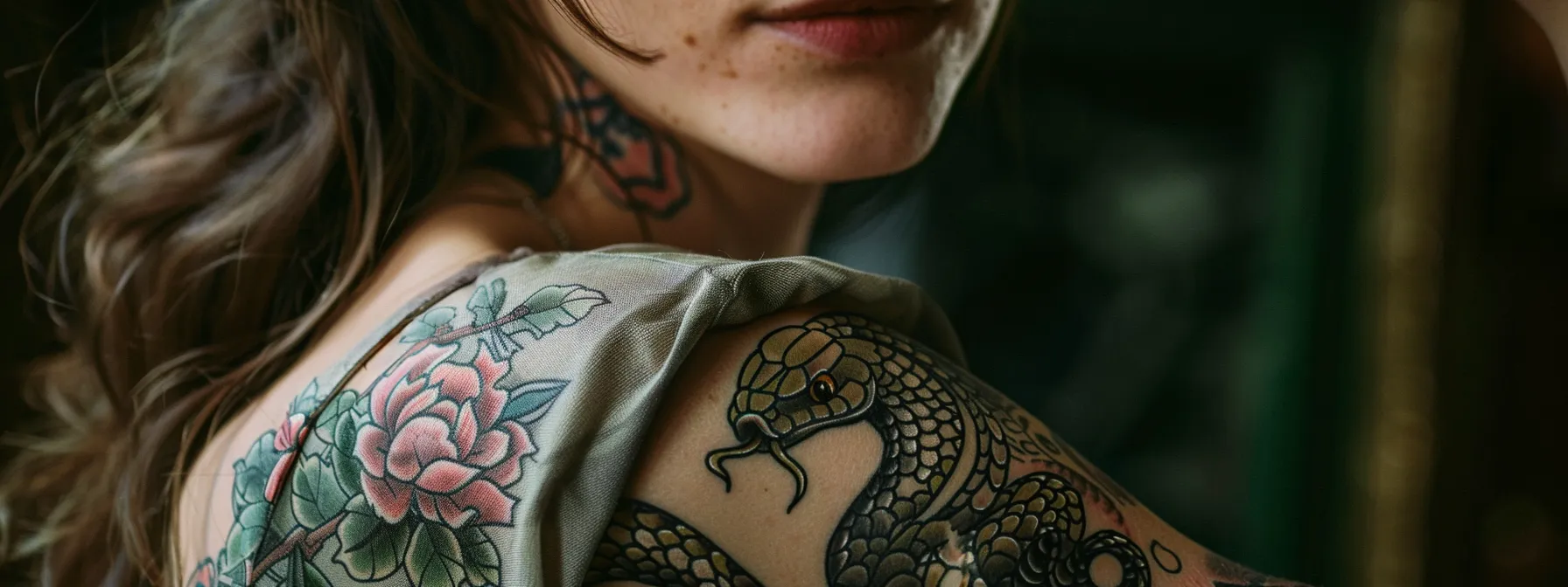 a stunning snake tattoo winding gracefully around a woman's arm, symbolizing transformation and wisdom.