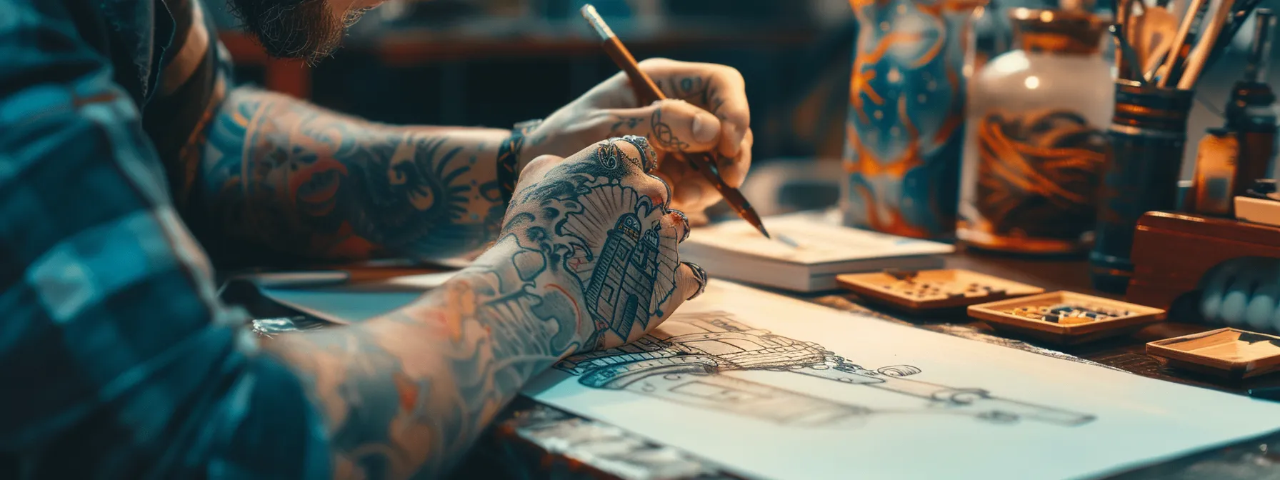 a tattoo artist carefully sketching intricate lighthouse designs on a client's arm, surrounded by a collection of stunning nautical-themed tattoo samples. a tattoo artist carefully sketching intricate lighthouse designs on a client's arm, surrounded by a collection of stunning nautical-themed tattoo samples.