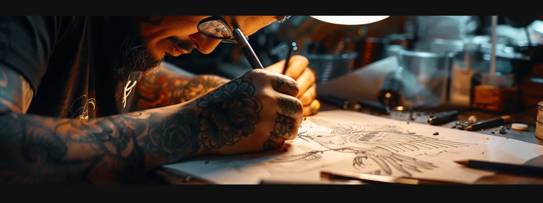 a tattoo artist delicately tracing the intricate outlines of a sparrow design on a client's skin with focused precision and artistic flair. a tattoo artist delicately tracing the intricate outlines of a sparrow design on a client's skin with focused precision and artistic flair.