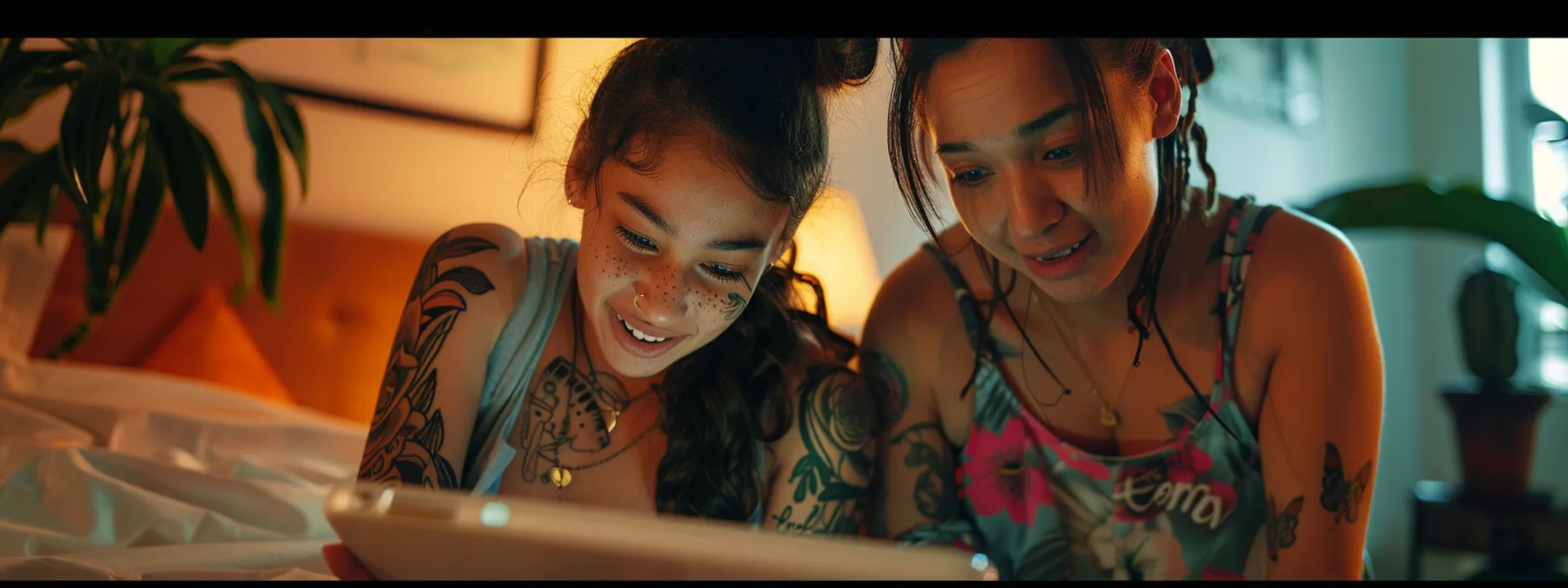 a teenage girl excitedly showing her guardian a design for a tattoo, while her guardian looks on with a mixture of surprise and concern. a teenage girl excitedly showing her guardian a design for a tattoo, while her guardian looks on with a mixture of surprise and concern.