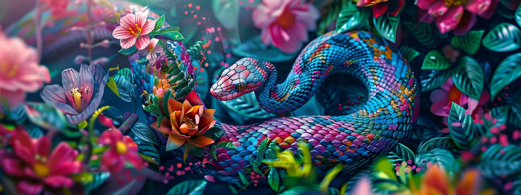 a vibrant and detailed snake tattoo twisting around a colorful floral design, symbolizing a blend of nature themes and personalized expression.