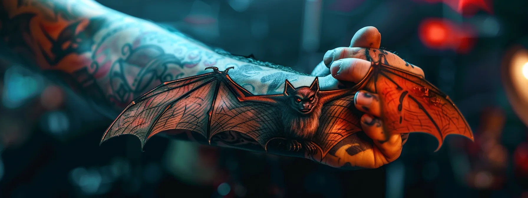 a vibrant bat tattoo being gently moisturized, maintaining its beauty and symbolic significance over time. a vibrant bat tattoo being gently moisturized, maintaining its beauty and symbolic significance over time.