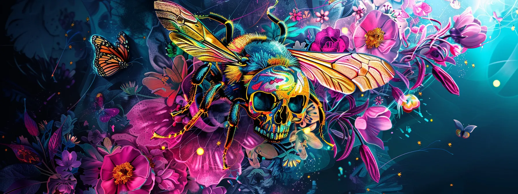 a vibrant bee tattoo intertwined with blossoming flowers, a detailed skull, a name, and abstract designs, creating a unique and artistic composition.